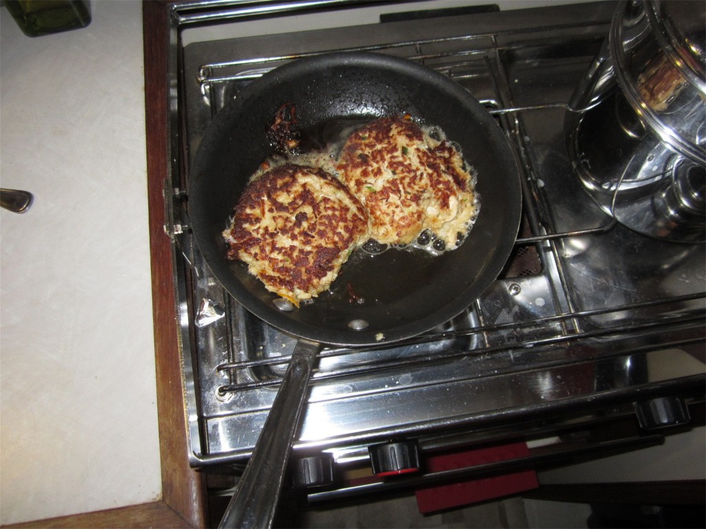 All-Clad boat sized skillet cooks Charleston crab cakes