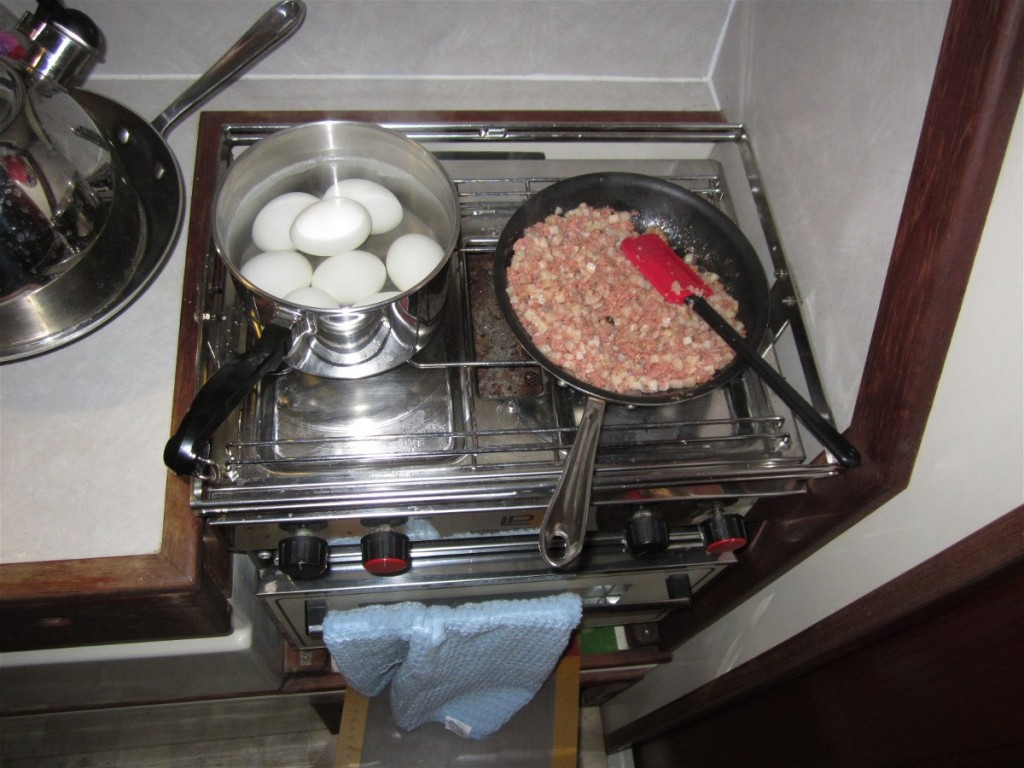 Corned beef hash and boiled eggs