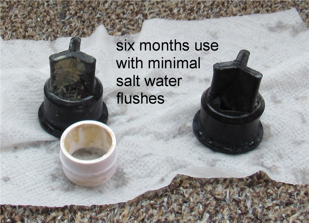 These valves were removed after six months use, five of which were fresh water flushes only. Note the lack of large granules. The worst of the valves was the one closest to the macerator pump.  It seemed to have deteriorated- probably urine related.